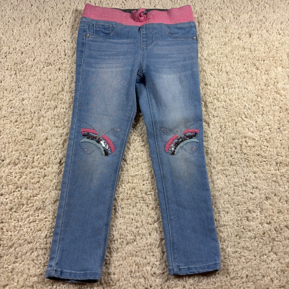 Blue Ink Girls Denim Jeans Butterfly Rainbow Sparkle Elastic Waist‎ Size 6